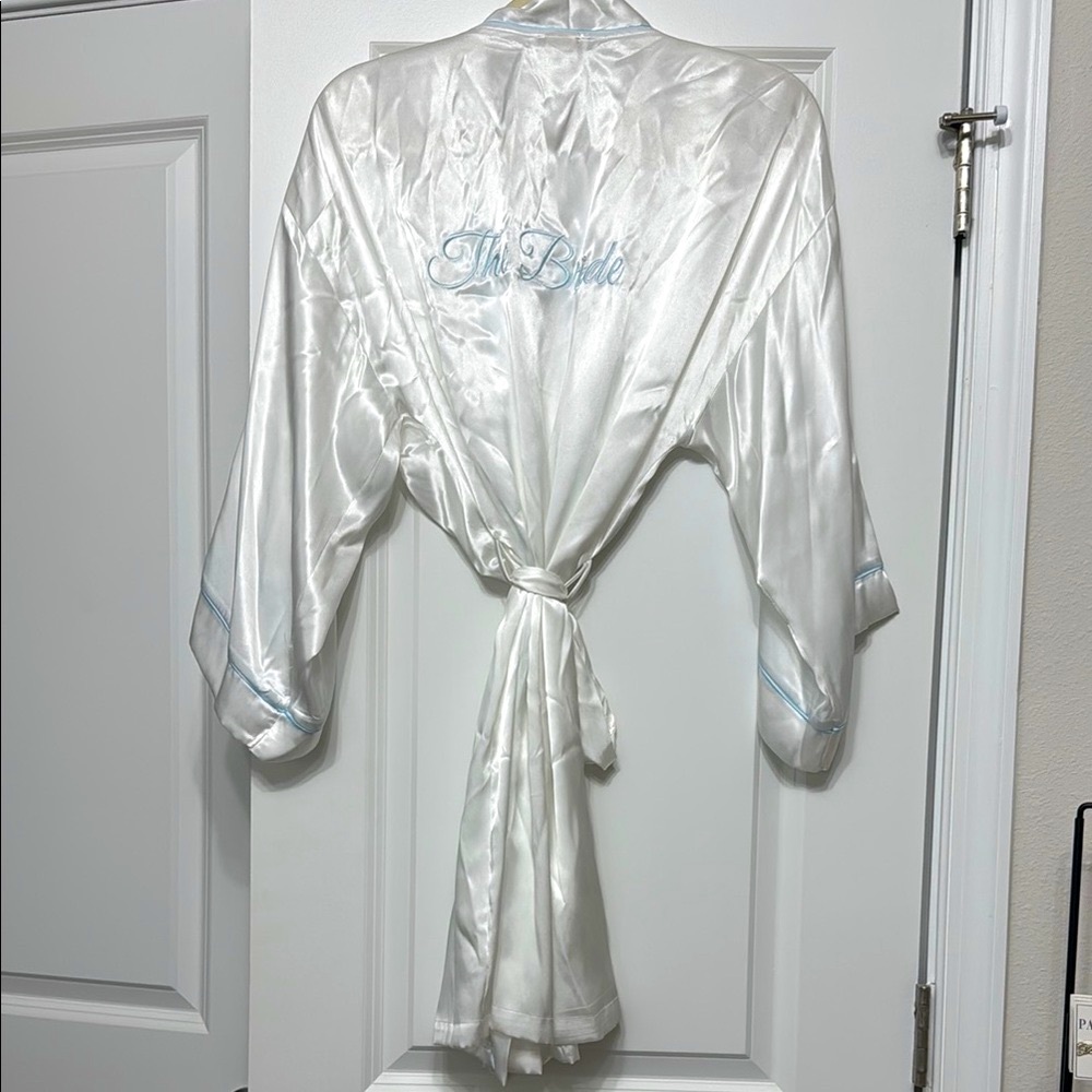 White Satin The Bride Robe with Blue Trim Size Small